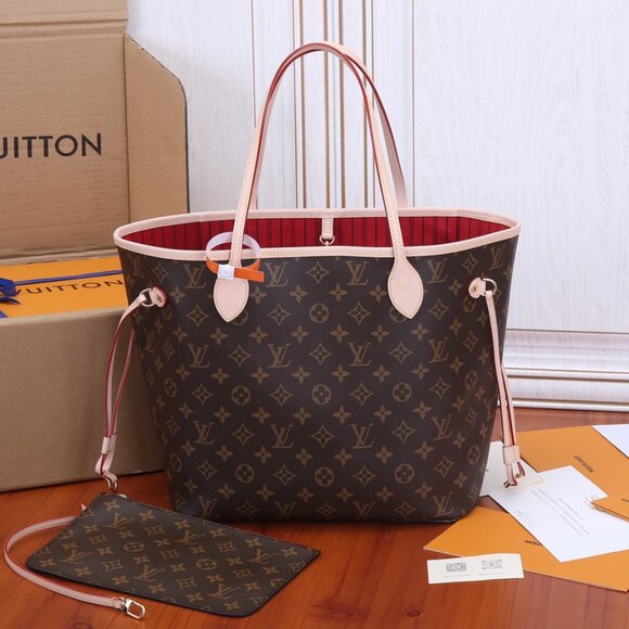 Louis Vuitton Bags Nwt Lv Neverfull Mm Damier Azur Brown Red
